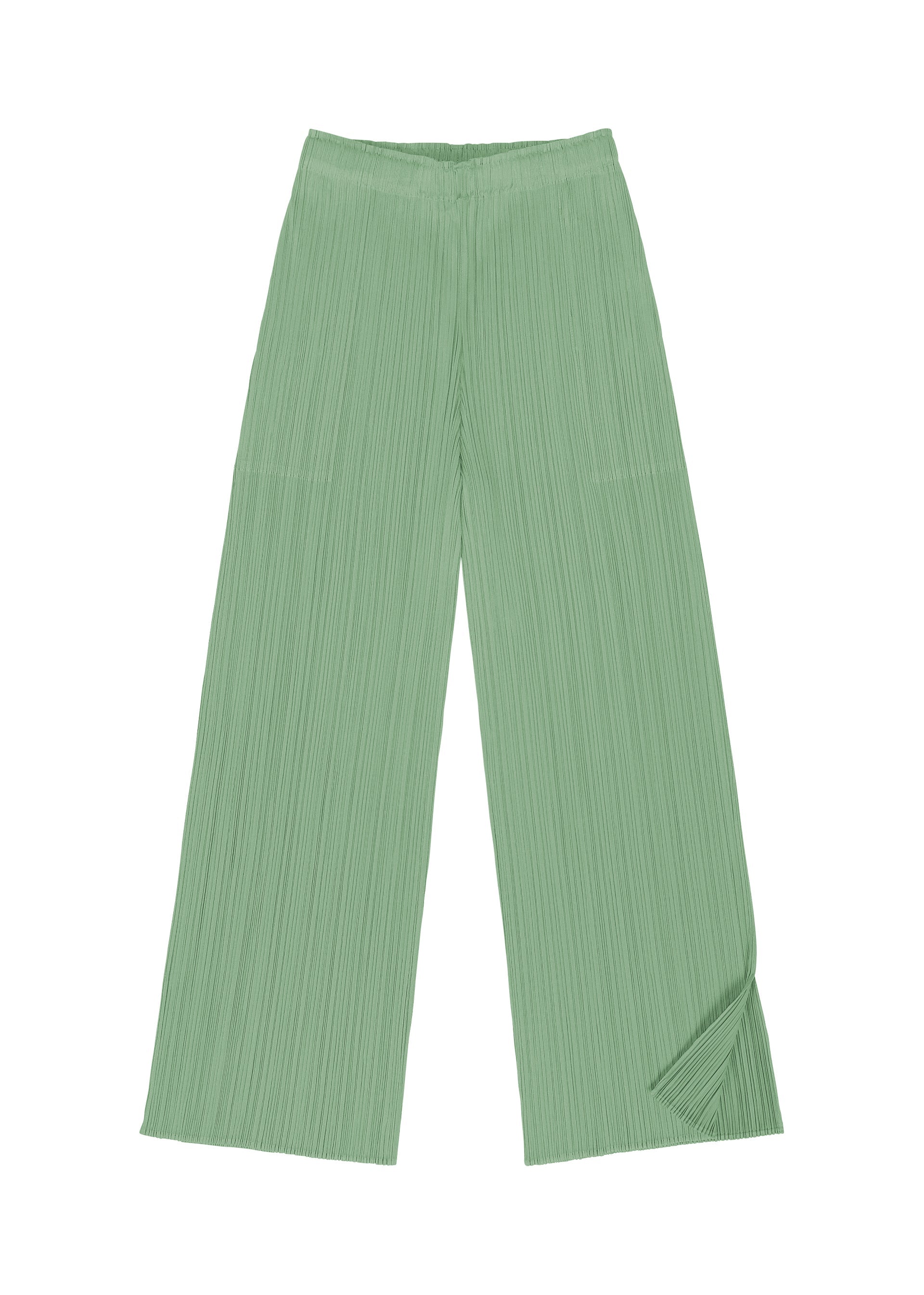 Zoomed view MONTHLY COLORS : AUGUST wide-leg pleated pants by PLEATS PLEASE ISSEY MIYAKE, shown in a light green with a subtly crinkled texture and laid flat against a white background—effortless summer style in fresh, vibrant color.