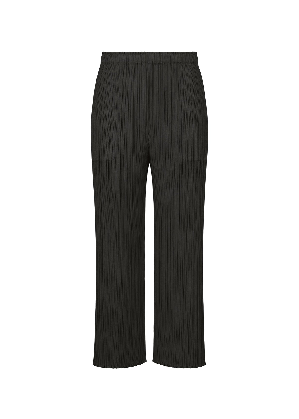 MONTHLY COLORS : SEPTEMBER black straight pants by PLEATS PLEASE ISSEY MIYAKE, featuring an elastic waistband and signature pleated texture, are presented against a plain white background to accentuate their subtle tones and sophisticated color composition. view 1 of 10