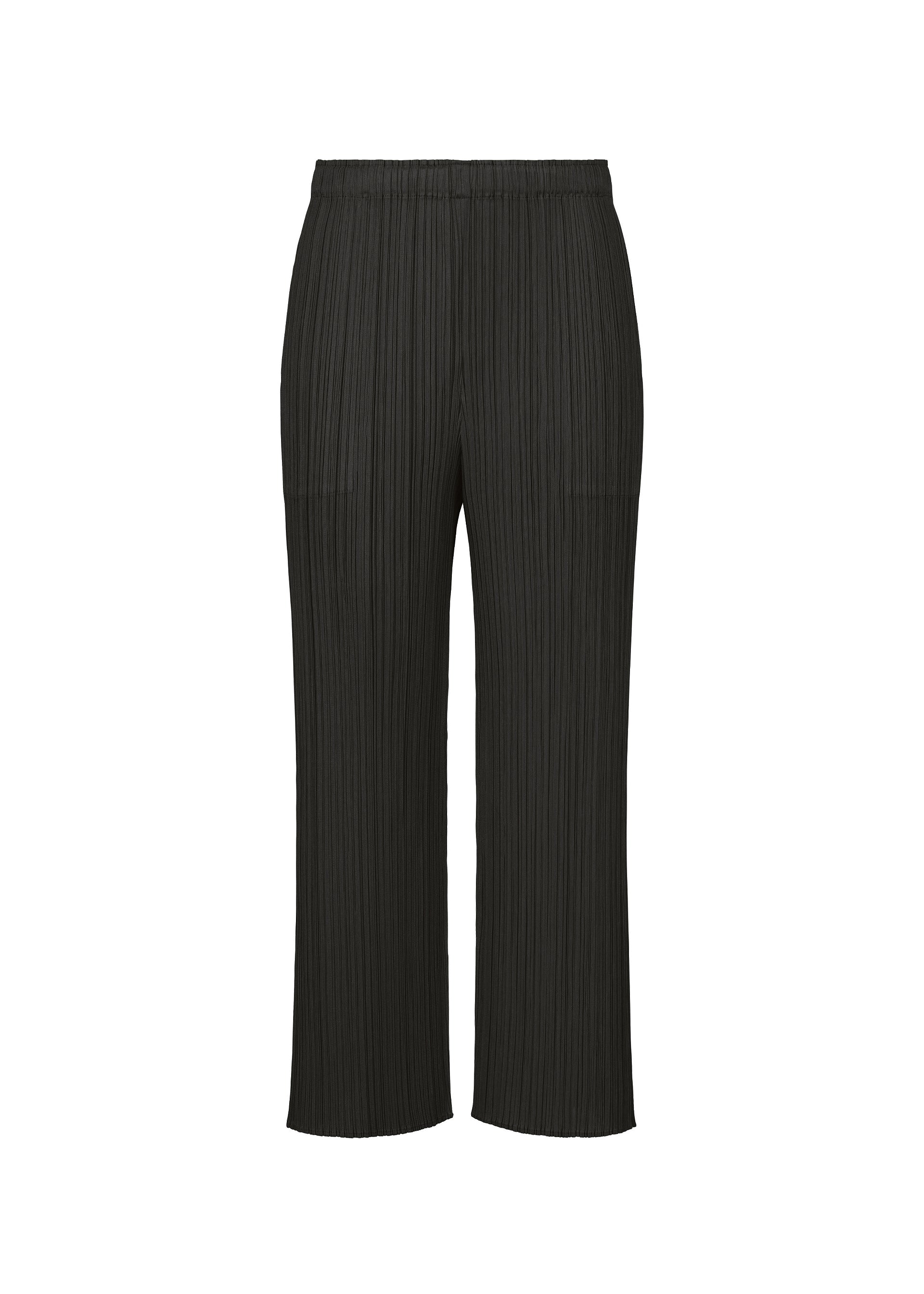 Zoomed view MONTHLY COLORS : SEPTEMBER black straight pants by PLEATS PLEASE ISSEY MIYAKE, featuring an elastic waistband and signature pleated texture, are presented against a plain white background to accentuate their subtle tones and sophisticated color composition. - BLACK （no.15）