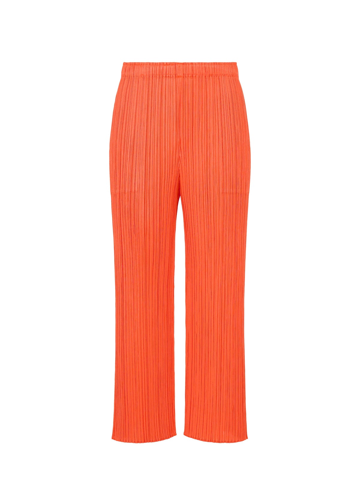MONTHLY COLORS : SEPTEMBER pleated straight pants by PLEATS PLEASE ISSEY MIYAKE in vibrant orange, featuring a harmonious color composition and an elastic waistband, displayed against a plain white background. view 3 of 10