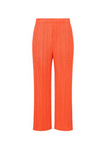 MONTHLY COLORS : SEPTEMBER pleated straight pants by PLEATS PLEASE ISSEY MIYAKE in vibrant orange, featuring a harmonious color composition and an elastic waistband, displayed against a plain white background. - ORANGE （no.32）