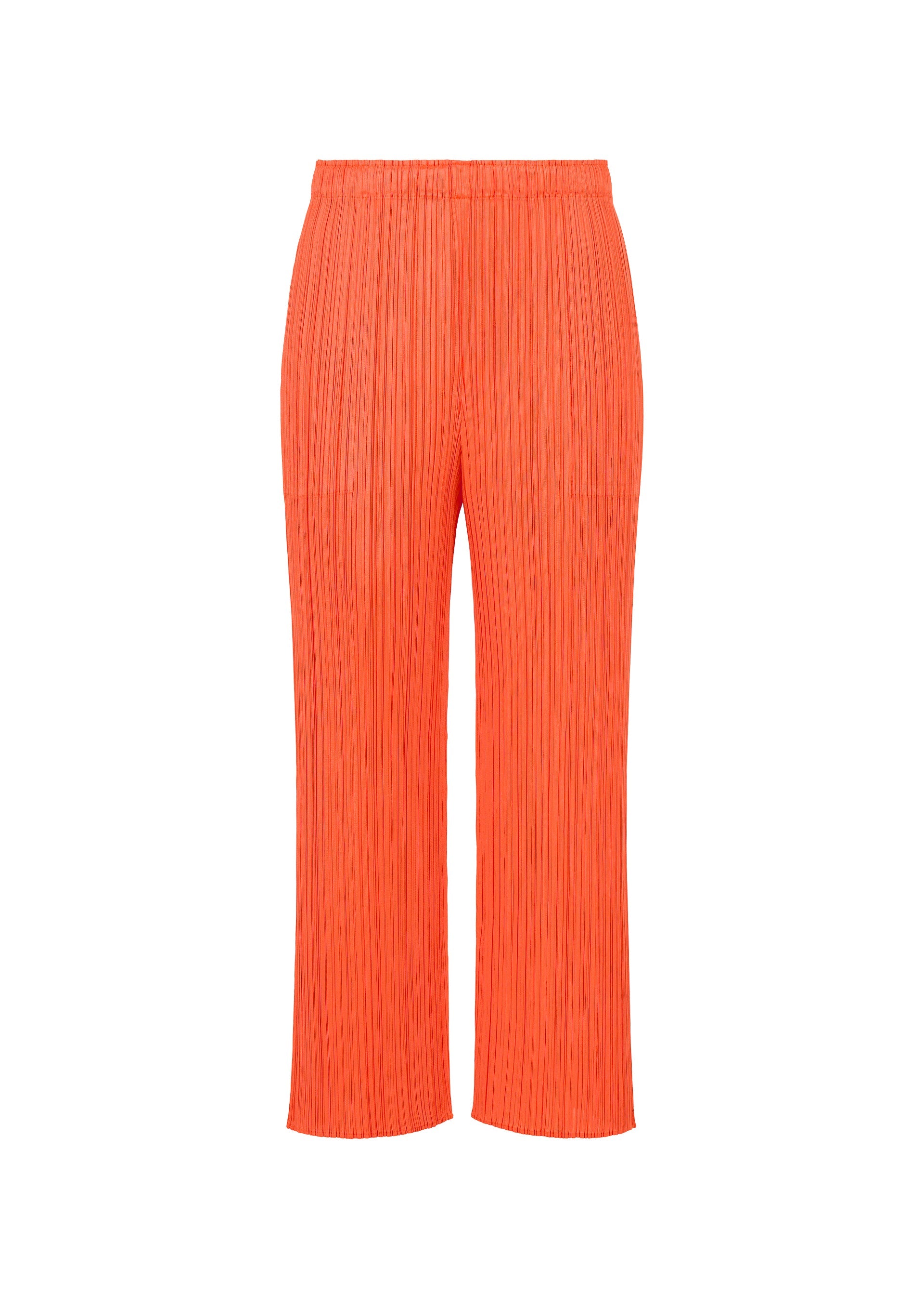 Zoomed view MONTHLY COLORS : SEPTEMBER pleated straight pants by PLEATS PLEASE ISSEY MIYAKE in vibrant orange, featuring a harmonious color composition and an elastic waistband, displayed against a plain white background. - ORANGE （no.32）