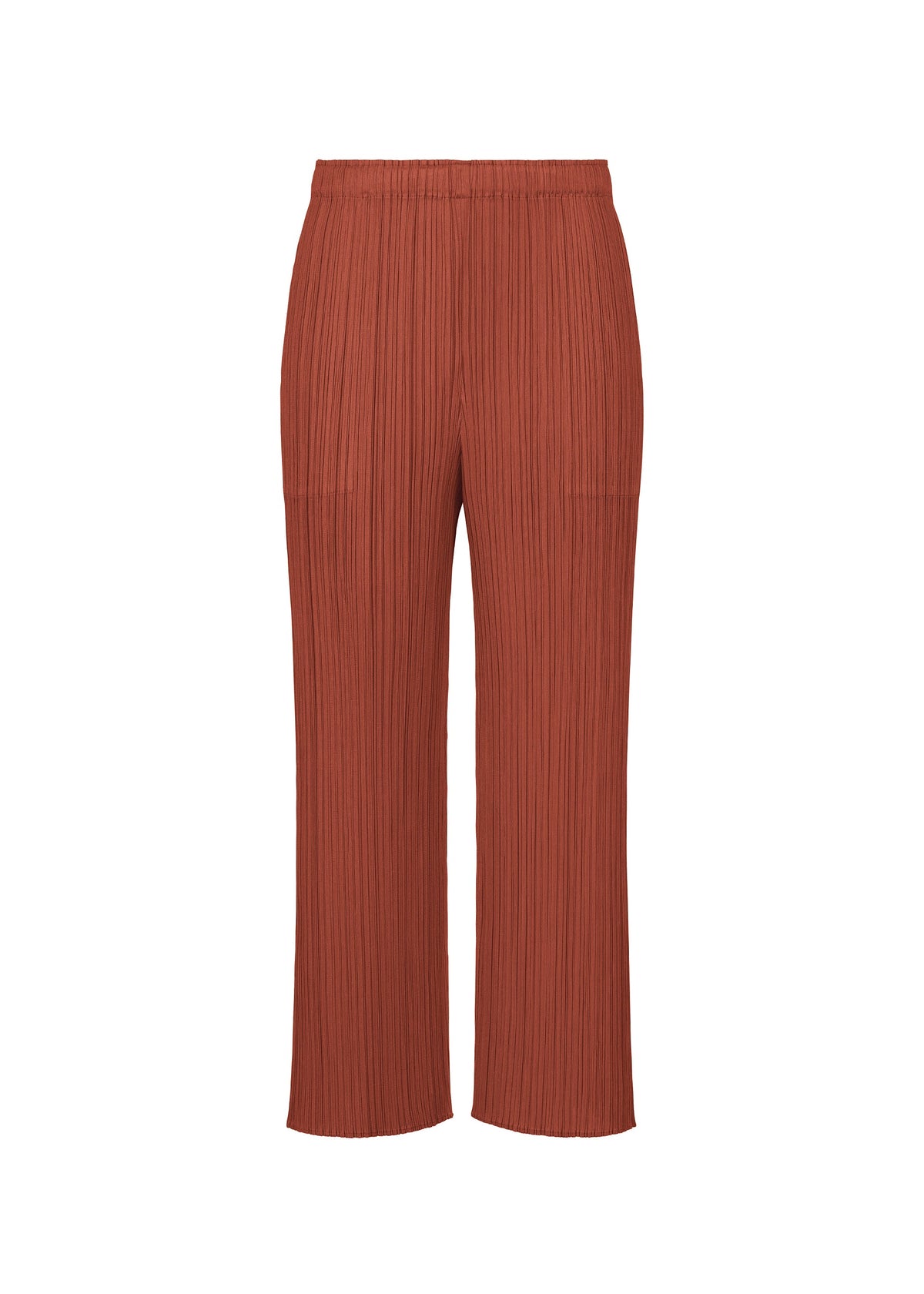 MONTHLY COLORS : SEPTEMBER wide-leg pleated straight pants by PLEATS PLEASE ISSEY MIYAKE, featuring a rust hue, elastic waistband, full-length relaxed fit, and showcased against a plain white background that accentuates their subtle tones. view 4 of 10