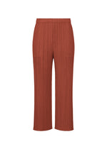 MONTHLY COLORS : SEPTEMBER wide-leg pleated straight pants by PLEATS PLEASE ISSEY MIYAKE, featuring a rust hue, elastic waistband, full-length relaxed fit, and showcased against a plain white background that accentuates their subtle tones. - RED BROWN （no.49）