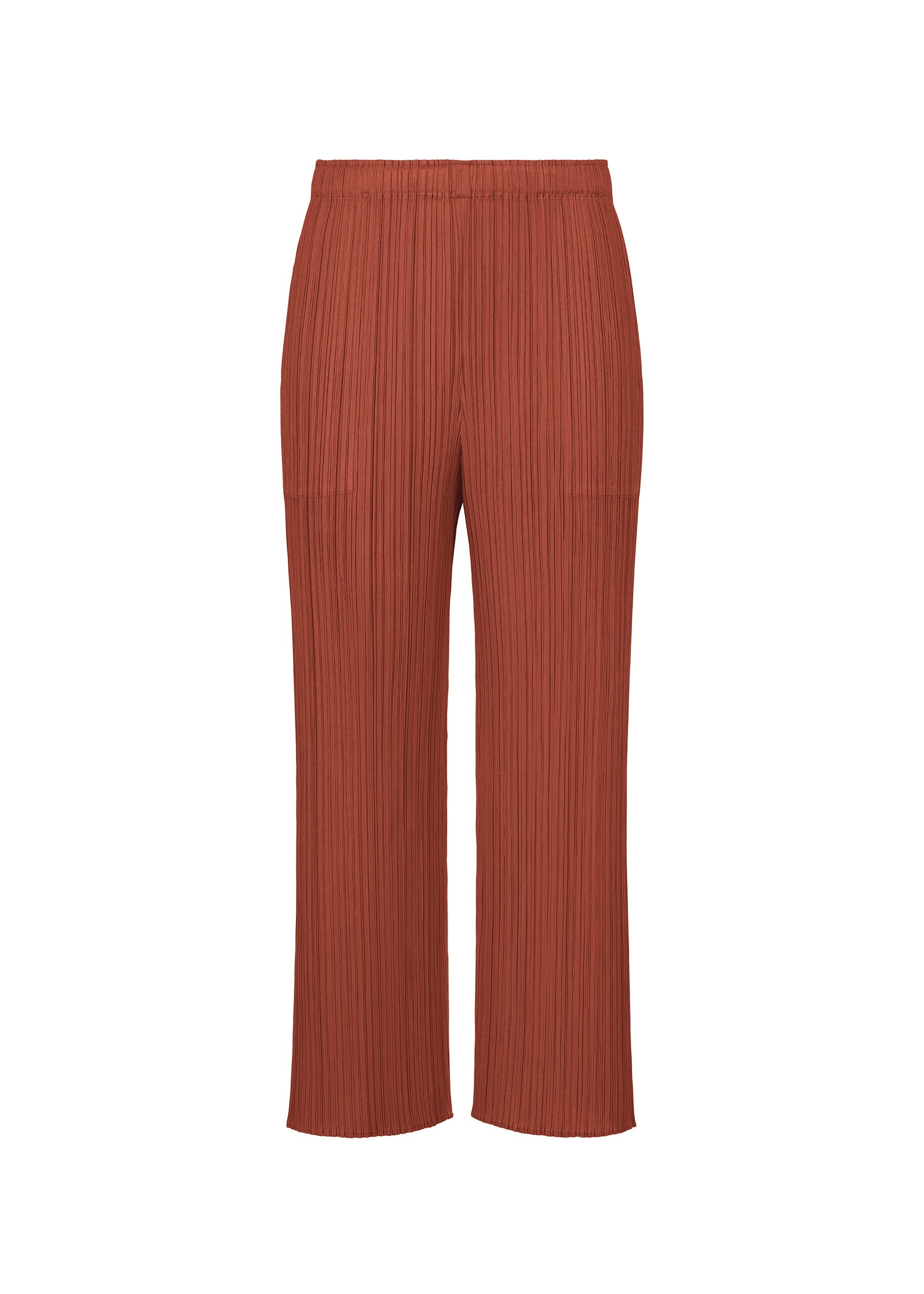 Zoomed view MONTHLY COLORS : SEPTEMBER wide-leg pleated straight pants by PLEATS PLEASE ISSEY MIYAKE, featuring a rust hue, elastic waistband, full-length relaxed fit, and showcased against a plain white background that accentuates their subtle tones. - RED BROWN （no.49）