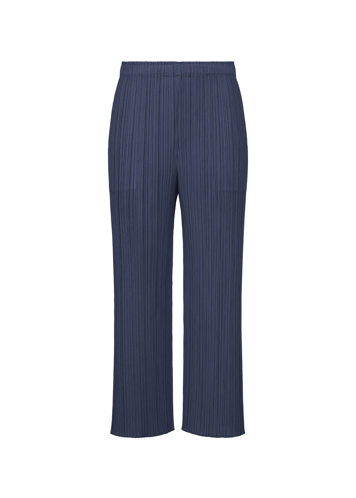 The MONTHLY COLORS : SEPTEMBER pants by PLEATS PLEASE ISSEY MIYAKE are shown in navy blue with a straight-leg cut and an elastic waistband, displayed against a white background that accentuates the gentle tones and refined color composition of the design. view 5 of 10