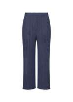 The MONTHLY COLORS : SEPTEMBER pants by PLEATS PLEASE ISSEY MIYAKE are shown in navy blue with a straight-leg cut and an elastic waistband, displayed against a white background that accentuates the gentle tones and refined color composition of the design. - NAVY BLUE （no.76）