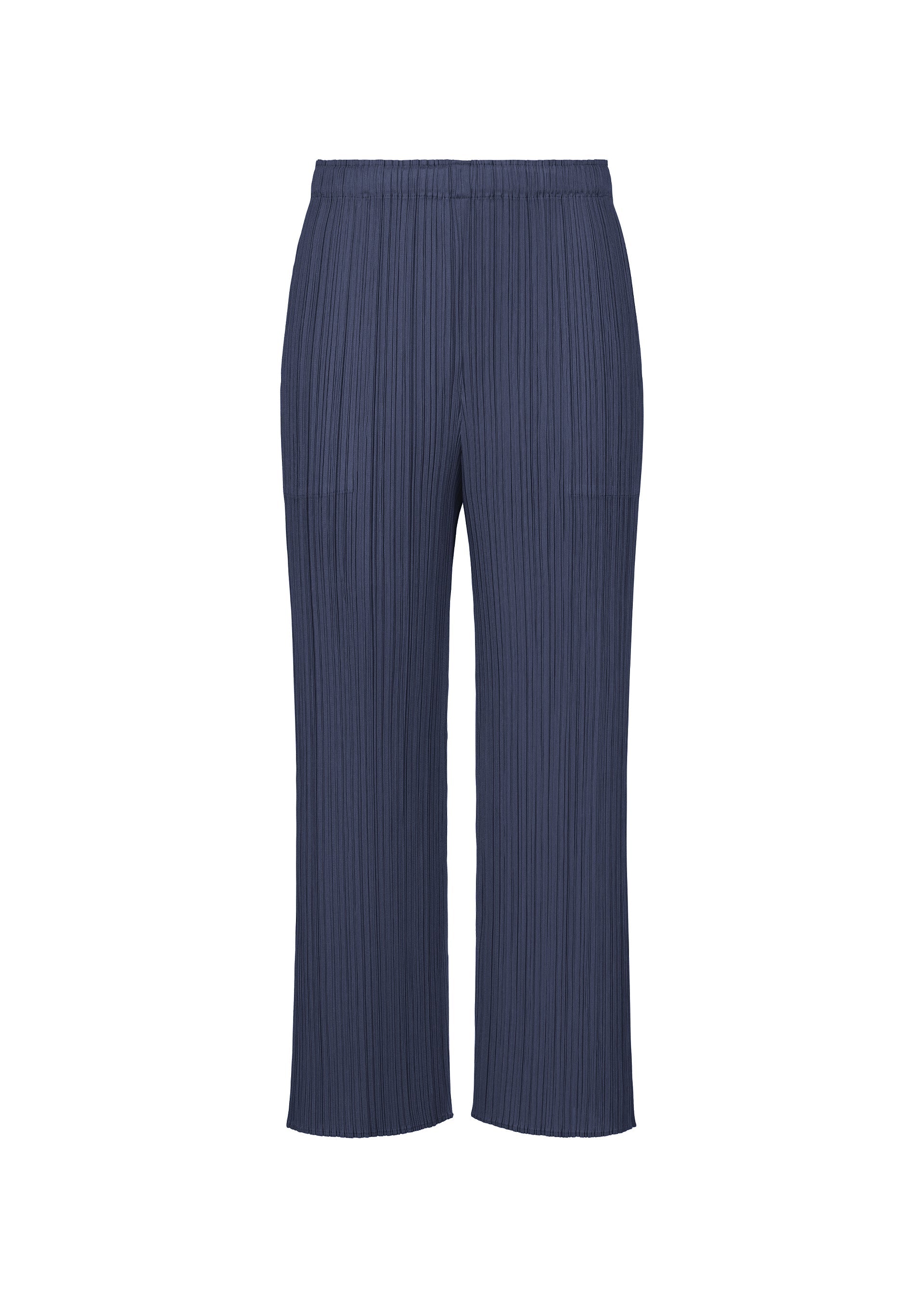Zoomed view The MONTHLY COLORS : SEPTEMBER pants by PLEATS PLEASE ISSEY MIYAKE are shown in navy blue with a straight-leg cut and an elastic waistband, displayed against a white background that accentuates the gentle tones and refined color composition of the design. - NAVY BLUE （no.76）