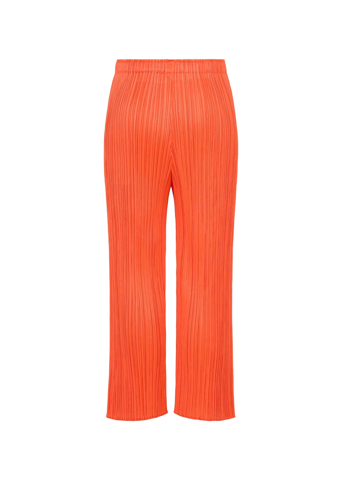 MONTHLY COLORS : SEPTEMBER straight pants by PLEATS PLEASE ISSEY MIYAKE in a vibrant orange hue, featuring gentle color composition, signature pleats, and an elastic waistband, displayed against a white background. view 6 of 10