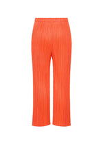 MONTHLY COLORS : SEPTEMBER straight pants by PLEATS PLEASE ISSEY MIYAKE in a vibrant orange hue, featuring gentle color composition, signature pleats, and an elastic waistband, displayed against a white background.