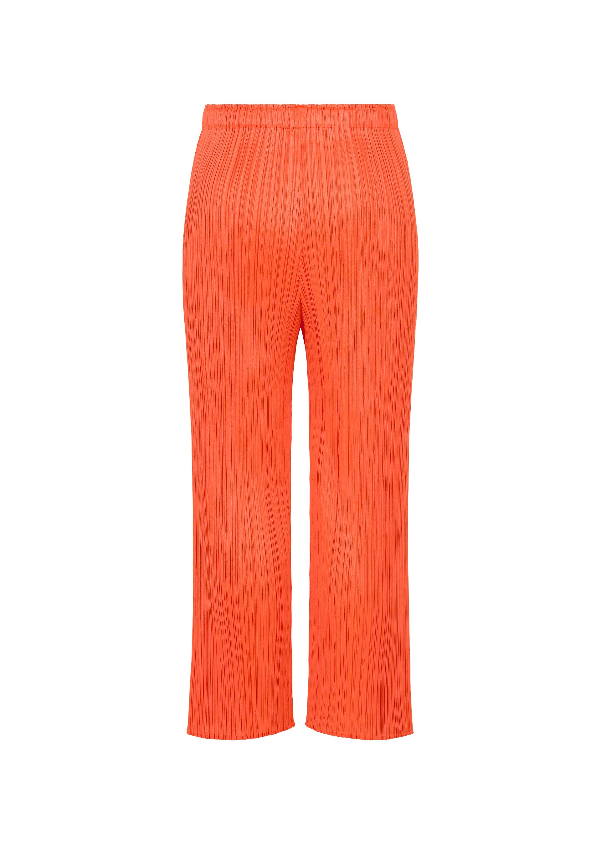 Zoomed view MONTHLY COLORS : SEPTEMBER straight pants by PLEATS PLEASE ISSEY MIYAKE in a vibrant orange hue, featuring gentle color composition, signature pleats, and an elastic waistband, displayed against a white background.
