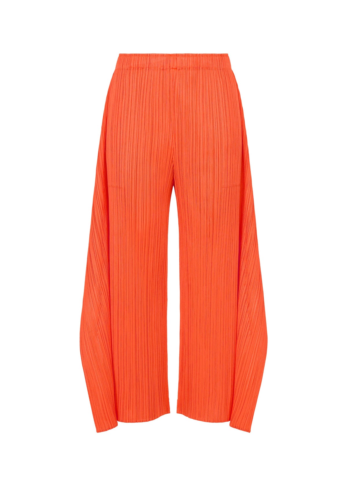 MONTHLY COLORS : SEPTEMBER wide-leg flare pants by PLEATS PLEASE ISSEY MIYAKE, in bright orange, are showcased against a white background. Featuring an elastic waistband, these pants offer a textured, pleated fabric and a voluminous silhouette that brings a striking element to any color palette. view 11 of 11
