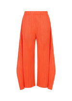 MONTHLY COLORS : SEPTEMBER wide-leg flare pants by PLEATS PLEASE ISSEY MIYAKE, in bright orange, are showcased against a white background. Featuring an elastic waistband, these pants offer a textured, pleated fabric and a voluminous silhouette that brings a striking element to any color palette. - ORANGE （no.32）