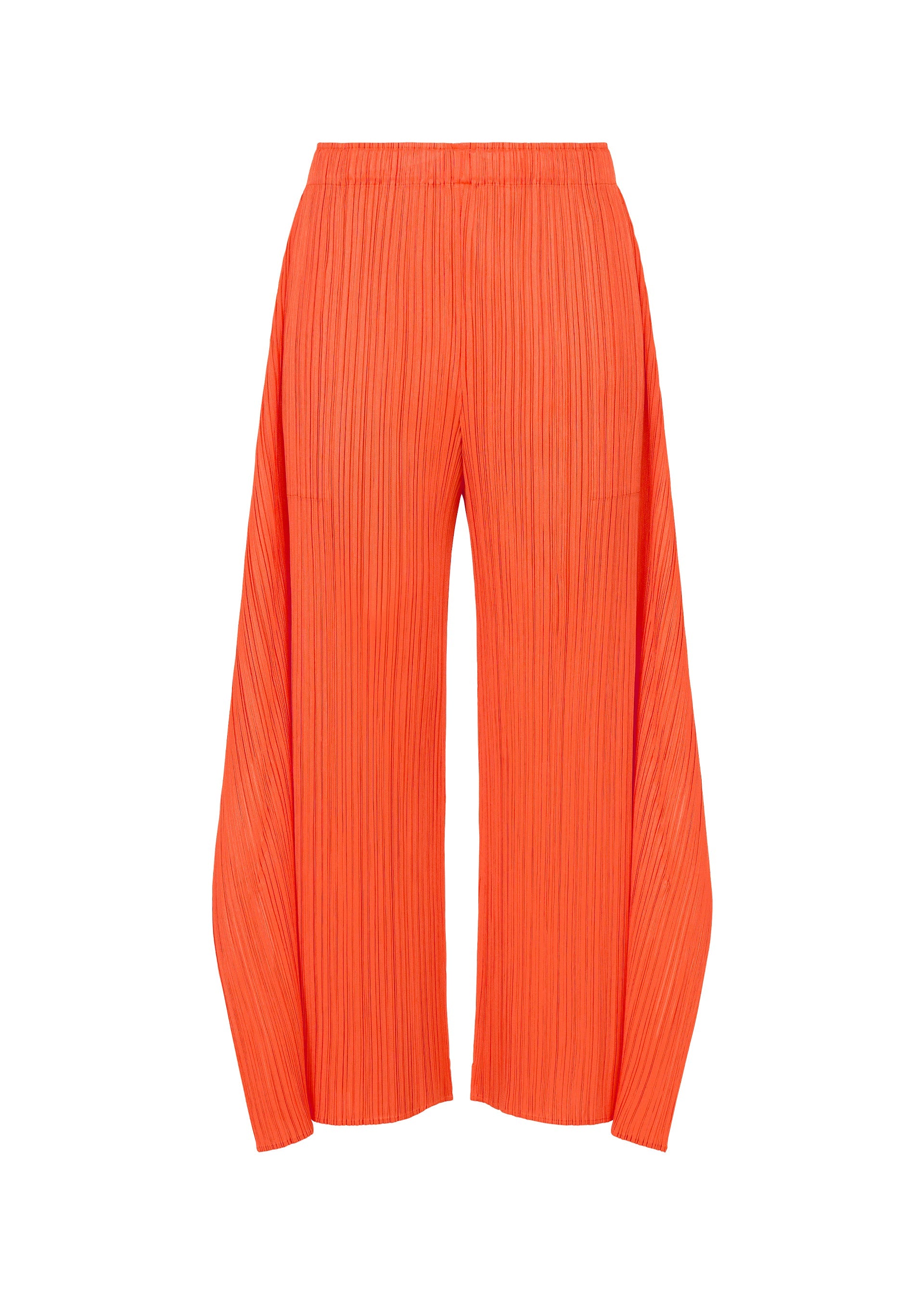 Zoomed view MONTHLY COLORS : SEPTEMBER wide-leg flare pants by PLEATS PLEASE ISSEY MIYAKE, in bright orange, are showcased against a white background. Featuring an elastic waistband, these pants offer a textured, pleated fabric and a voluminous silhouette that brings a striking element to any color palette. - ORANGE （no.32）
