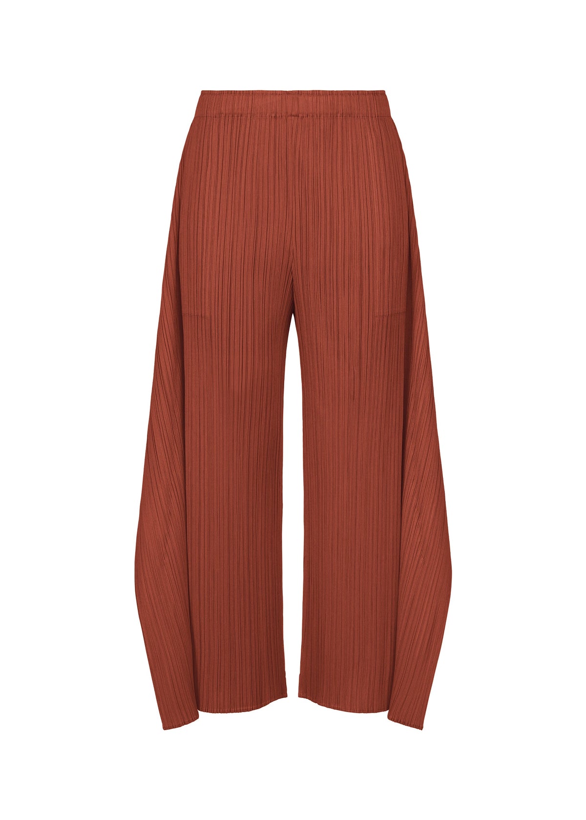 The MONTHLY COLORS : SEPTEMBER pants by PLEATS PLEASE ISSEY MIYAKE feature a rust hue with a pleated texture, designed in a wide-leg, high-waisted flare silhouette. With an elastic waistband and flowy, loose-fitting legs, these pants offer a gentle tone that highlights their sophisticated color composition. Shown against a plain white background. view 1 of 11