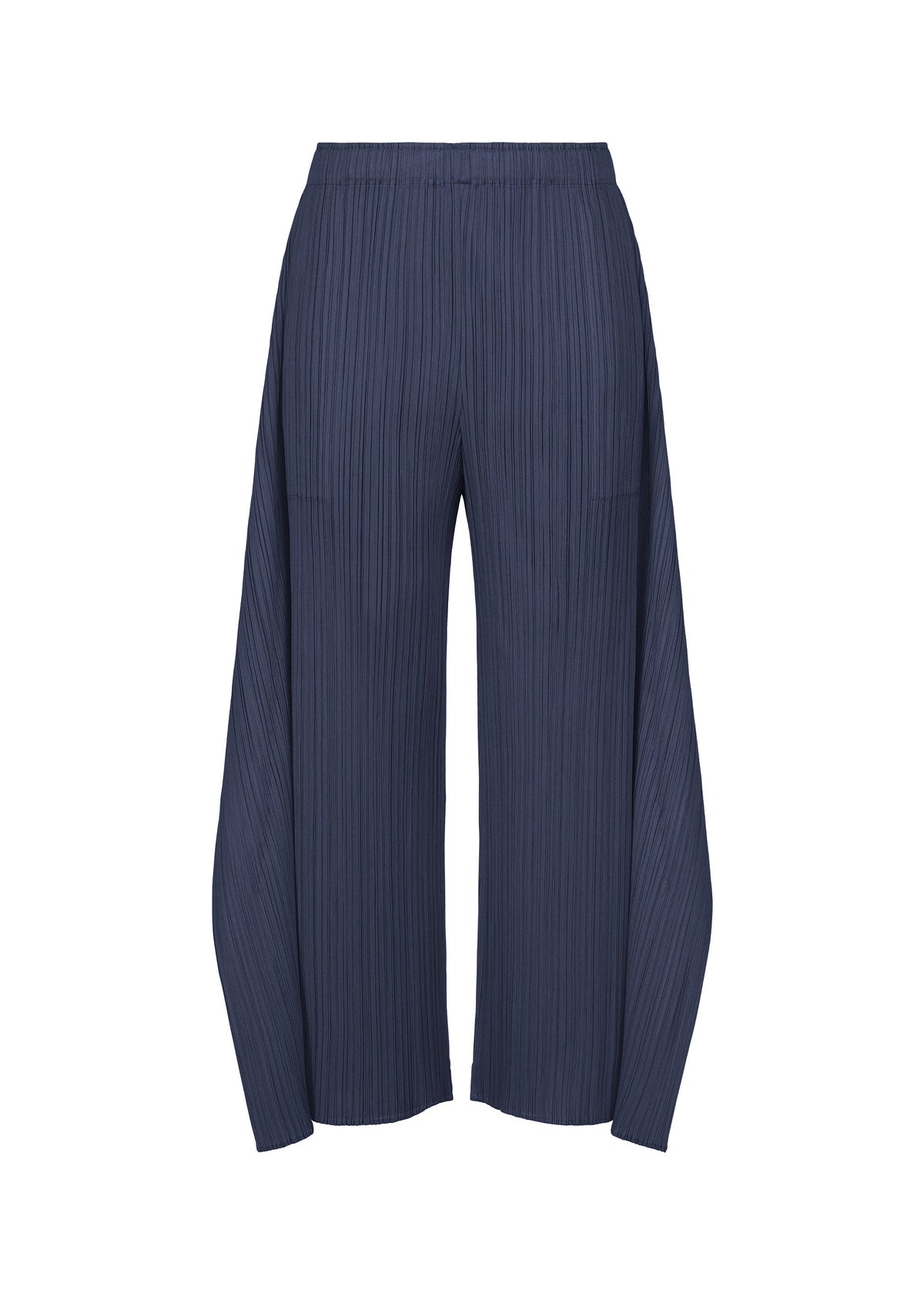 The MONTHLY COLORS : SEPTEMBER pants by PLEATS PLEASE ISSEY MIYAKE feature a navy blue hue with pleated wide-leg flare design, an elastic waistband, straight cut, and extra fabric draping along the sides. Displayed on a white background, the gentle tones of the color composition enhance their elegant silhouette. view 3 of 11