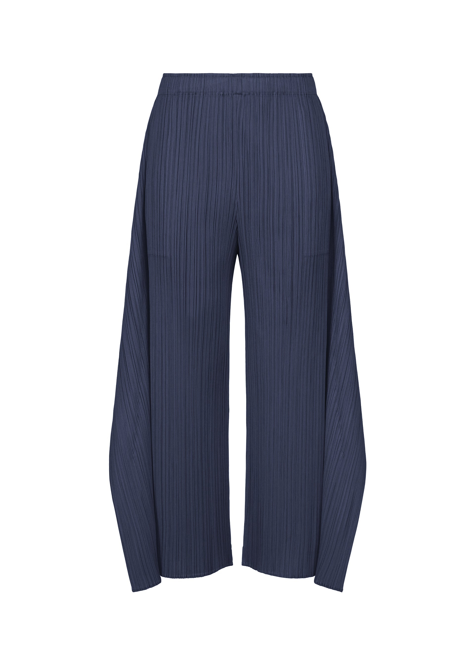 Zoomed view The MONTHLY COLORS : SEPTEMBER pants by PLEATS PLEASE ISSEY MIYAKE feature a navy blue hue with pleated wide-leg flare design, an elastic waistband, straight cut, and extra fabric draping along the sides. Displayed on a white background, the gentle tones of the color composition enhance their elegant silhouette. - NAVY BLUE （no.76）