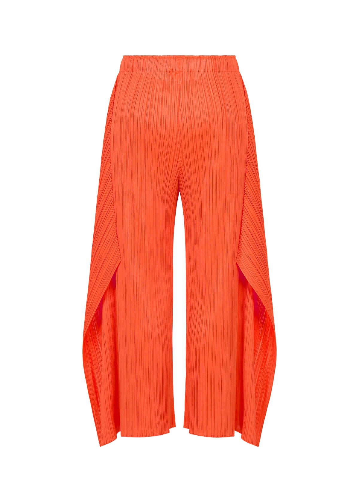 The MONTHLY COLORS : SEPTEMBER pants by PLEATS PLEASE ISSEY MIYAKE feature a vivid orange hue, pleated flare silhouette, wide draped side panels, and cropped hems for a bold and striking look, shown against a white background. view 4 of 11