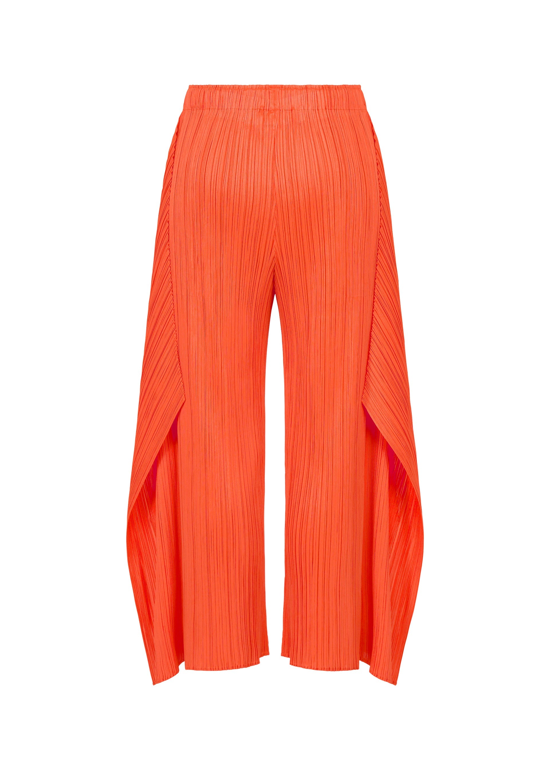 Zoomed view The MONTHLY COLORS : SEPTEMBER pants by PLEATS PLEASE ISSEY MIYAKE feature a vivid orange hue, pleated flare silhouette, wide draped side panels, and cropped hems for a bold and striking look, shown against a white background.