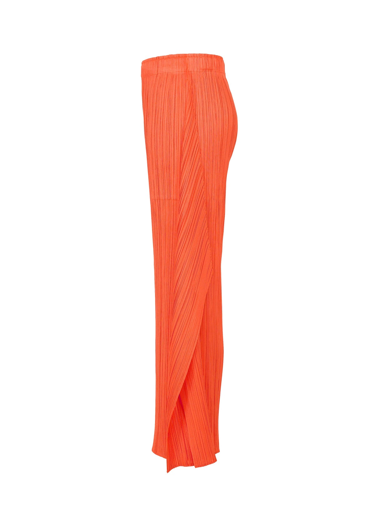 Side view of the MONTHLY COLORS : SEPTEMBER bright orange pleated flare pants by PLEATS PLEASE ISSEY MIYAKE, featuring a high waist and showcased against a plain white background to highlight their striking color composition. view 5 of 11