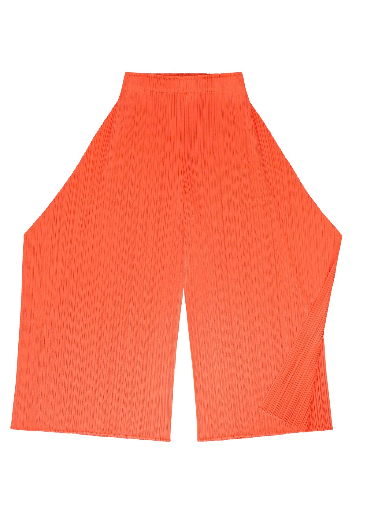MONTHLY COLORS : SEPTEMBER wide-leg pants by PLEATS PLEASE ISSEY MIYAKE, shown here in a vibrant orange shade, feature a high waist and distinct vertical pleats. Laid flat against a white background, their sculptural, angular cut highlights the dynamic composition of gentle yet striking tones. view 6 of 11