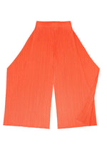 MONTHLY COLORS : SEPTEMBER wide-leg pants by PLEATS PLEASE ISSEY MIYAKE, shown here in a vibrant orange shade, feature a high waist and distinct vertical pleats. Laid flat against a white background, their sculptural, angular cut highlights the dynamic composition of gentle yet striking tones.