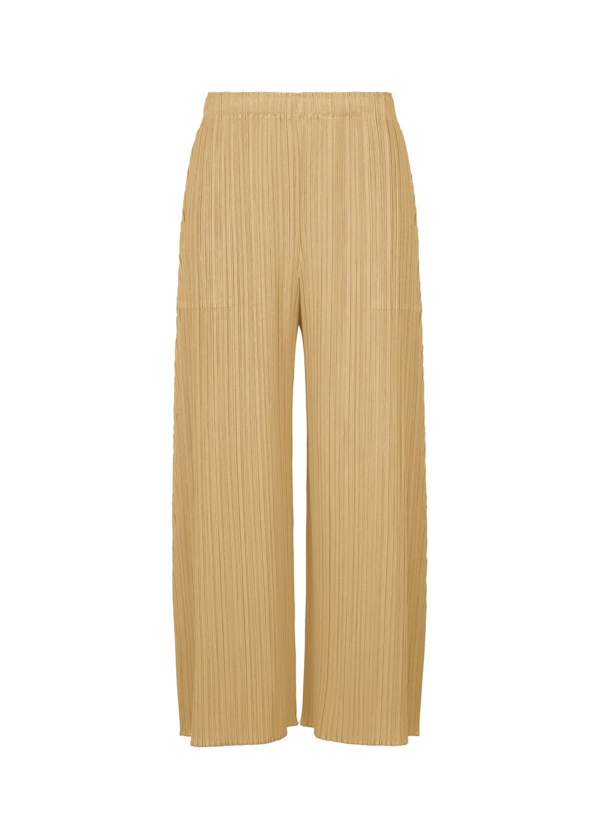 Zoomed view MONTHLY COLORS : OCTOBER by PLEATS PLEASE ISSEY MIYAKE—light brown, wide-leg pleated pants with an elastic waistband, full length, and two side pockets, shown on a white background. - ASH BEIGE （no.43）