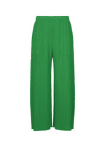 MONTHLY COLORS : OCTOBER by PLEATS PLEASE ISSEY MIYAKE—green pleated wide pants with an elastic waistband and a loose, flowy fit, displayed on a white background. Perfect for effortless styling. - GREEN （no.62）