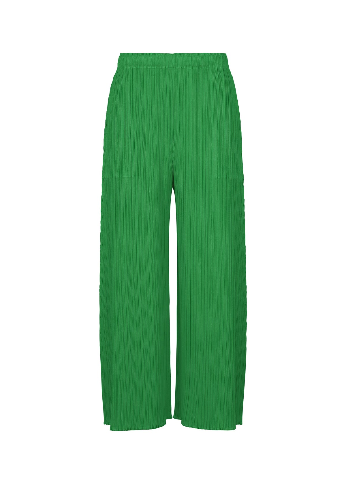 Zoomed view MONTHLY COLORS : OCTOBER by PLEATS PLEASE ISSEY MIYAKE—green pleated wide pants with an elastic waistband and a loose, flowy fit, displayed on a white background. Perfect for effortless styling. - GREEN （no.62）