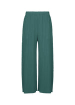 MONTHLY COLORS : OCTOBER by PLEATS PLEASE ISSEY MIYAKE are teal green pleated wide-leg pants with an elastic waistband and two side pockets, shown on a plain white background. - BLUE GREEN （no.64）