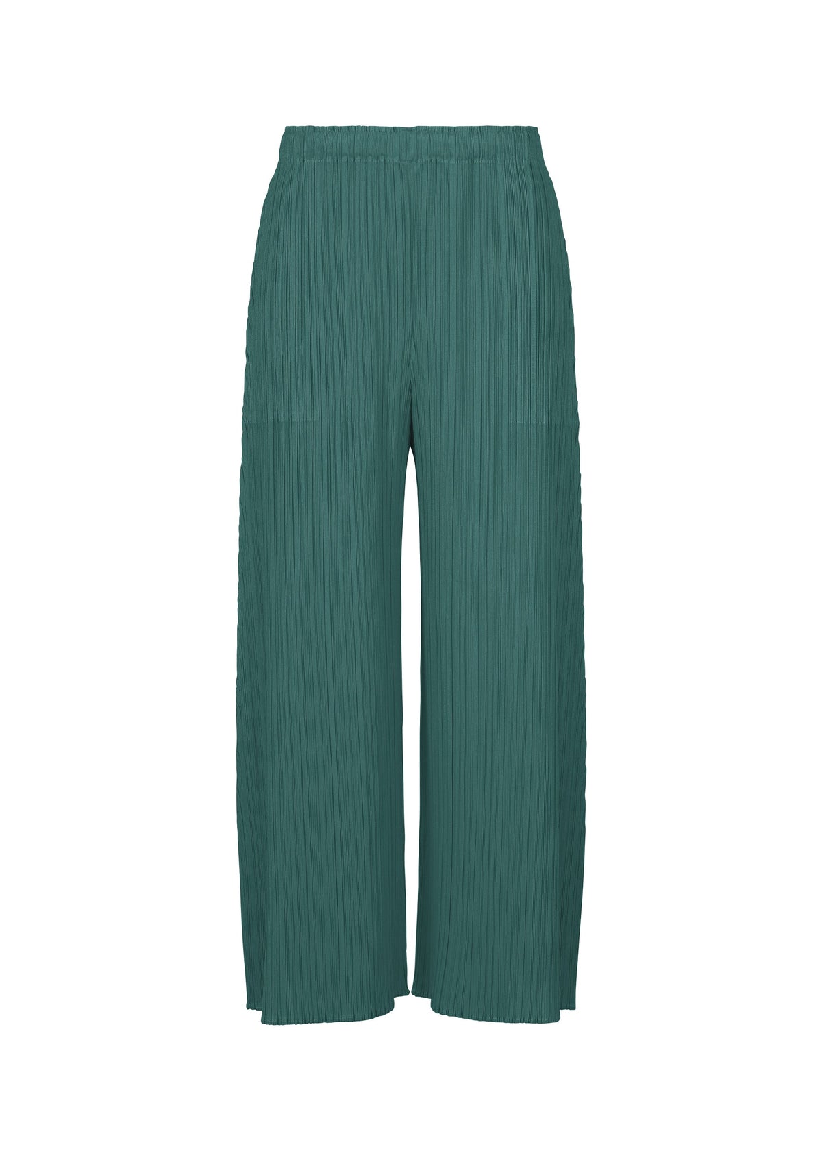 Zoomed view MONTHLY COLORS : OCTOBER by PLEATS PLEASE ISSEY MIYAKE are teal green pleated wide-leg pants with an elastic waistband and two side pockets, shown on a plain white background. - BLUE GREEN （no.64）