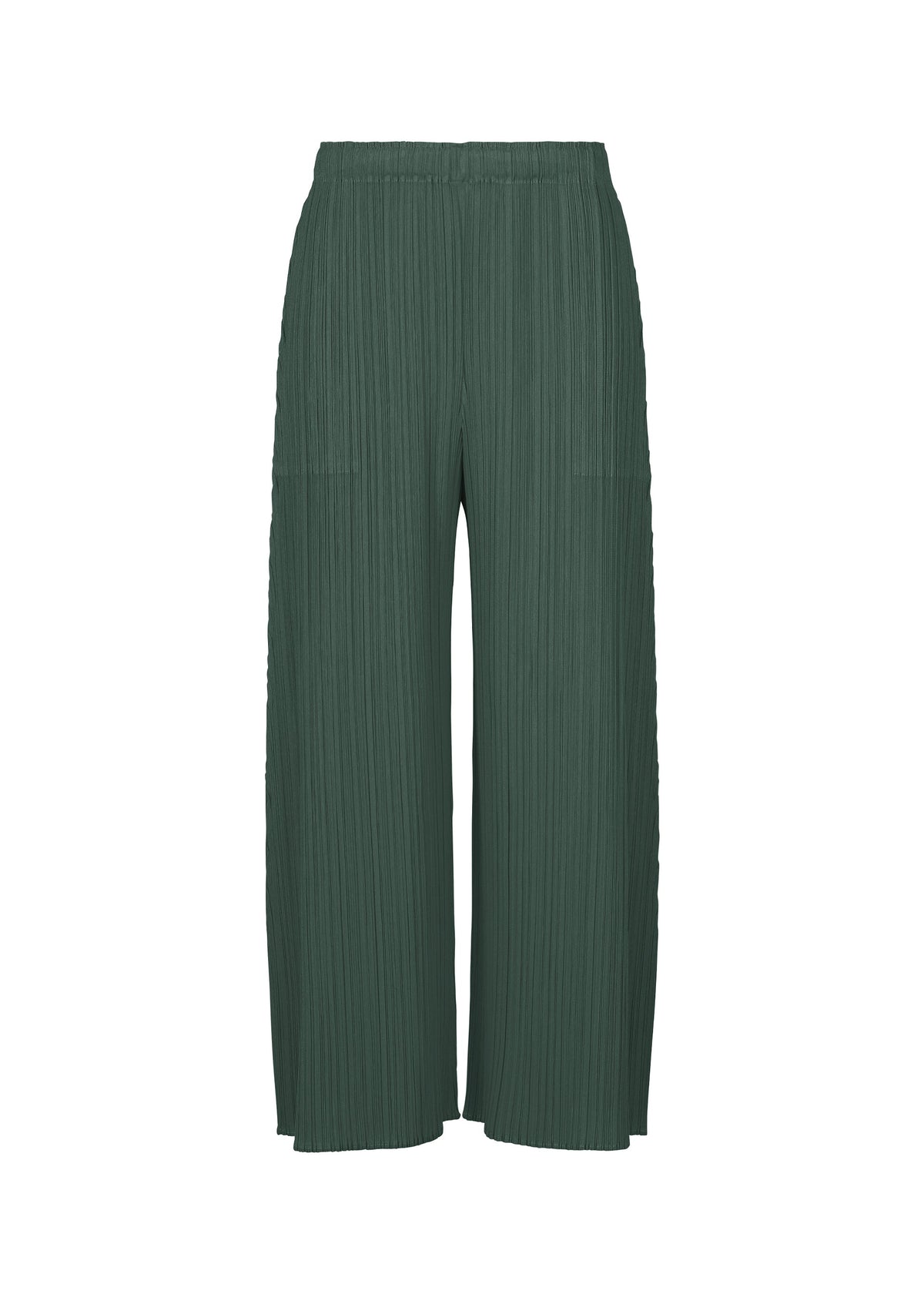 MONTHLY COLORS : OCTOBER by PLEATS PLEASE ISSEY MIYAKE features dark green pleated wide pants with an elastic waistband and lightweight fabric, perfect for casual or semi-formal looks. Shown against a white background. view 5 of 10