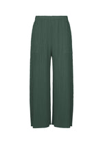 MONTHLY COLORS : OCTOBER by PLEATS PLEASE ISSEY MIYAKE features dark green pleated wide pants with an elastic waistband and lightweight fabric, perfect for casual or semi-formal looks. Shown against a white background. - DARK GREEN （no.69）