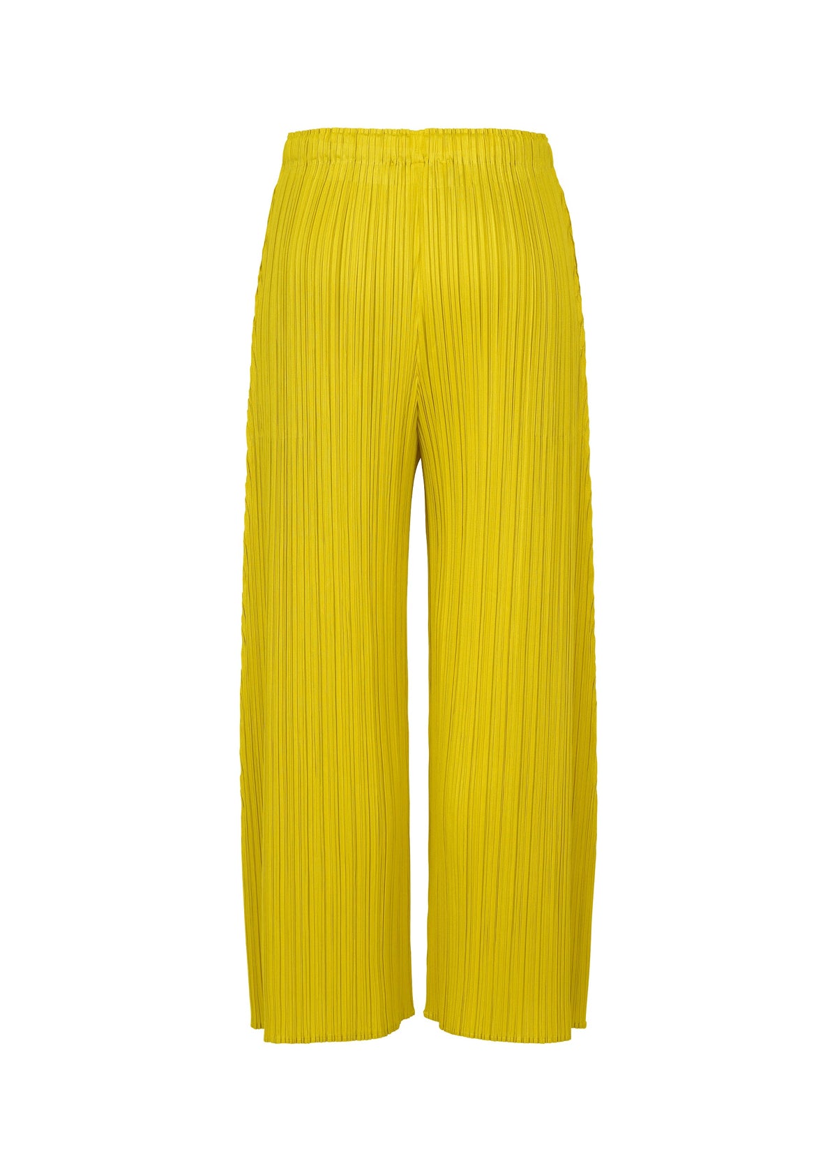 Zoomed view MONTHLY COLORS : OCTOBER by PLEATS PLEASE ISSEY MIYAKE—yellow pleated wide-leg pants with an elastic waistband, shown front-facing on a white background. A vibrant, easy-to-style addition to any outfit.
