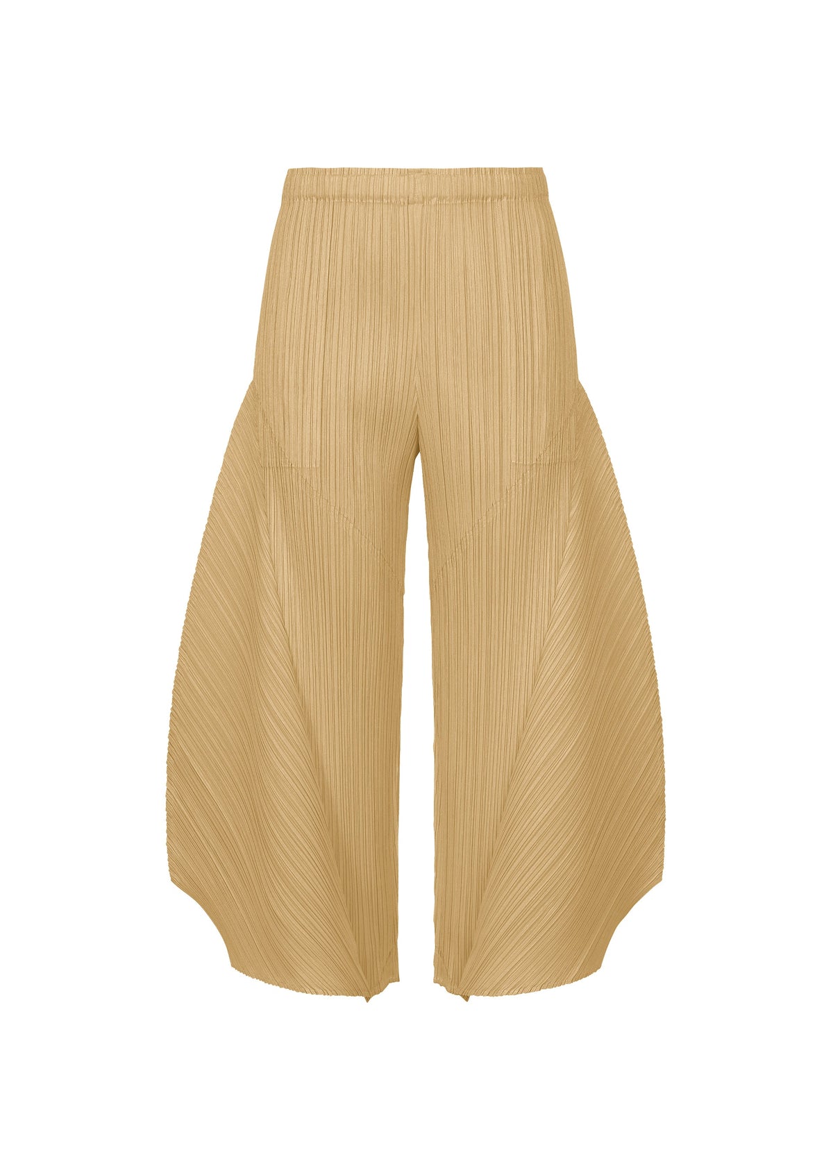The MONTHLY COLORS : OCTOBER from PLEATS PLEASE ISSEY MIYAKE features high-waisted, wide-leg beige pleated pants with sculptural flared legs for a modern, stylish look. view 1 of 11