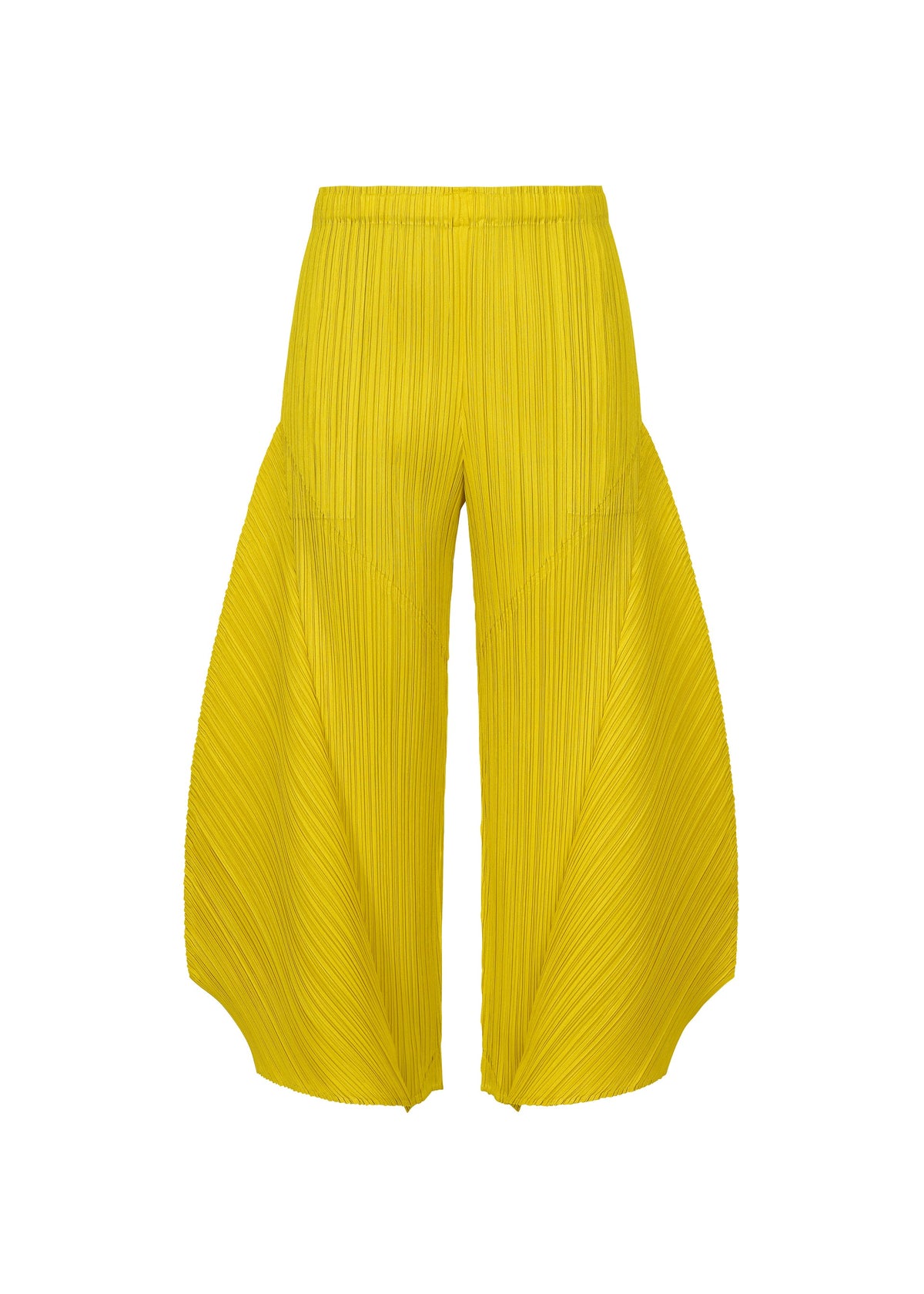 MONTHLY COLORS : OCTOBER by PLEATS PLEASE ISSEY MIYAKE are bright yellow, high-waisted flared pants with wide sculptural, fan-textured legs—perfect for making a stylish statement. view 2 of 11