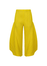 MONTHLY COLORS : OCTOBER by PLEATS PLEASE ISSEY MIYAKE are bright yellow, high-waisted flared pants with wide sculptural, fan-textured legs—perfect for making a stylish statement. - YELLOW OCHER （no.55）