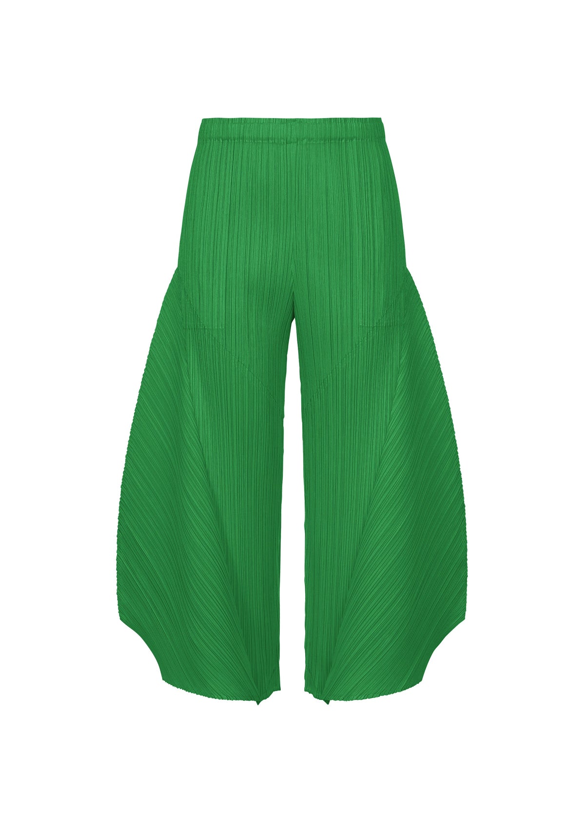 The MONTHLY COLORS : OCTOBER pants by PLEATS PLEASE ISSEY MIYAKE are green, high-waisted pleated wide-leg pants with curved side panels and an architectural, bold statement design. view 3 of 11