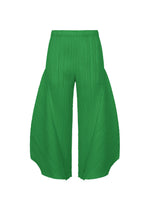 The MONTHLY COLORS : OCTOBER pants by PLEATS PLEASE ISSEY MIYAKE are green, high-waisted pleated wide-leg pants with curved side panels and an architectural, bold statement design. - GREEN （no.62）