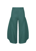 The MONTHLY COLORS : OCTOBER by PLEATS PLEASE ISSEY MIYAKE are teal green, color block flared pants with wide legs and a high waist, featuring sculptural textures for a bold, stylish look. - BLUE GREEN （no.64）