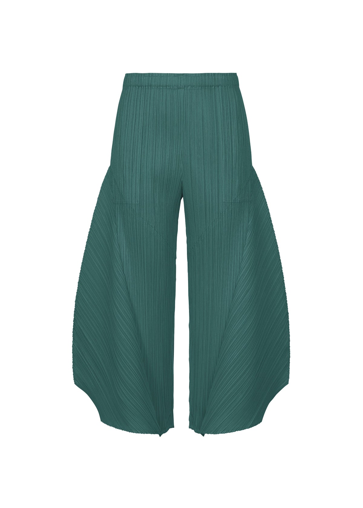 Zoomed view The MONTHLY COLORS : OCTOBER by PLEATS PLEASE ISSEY MIYAKE are teal green, color block flared pants with wide legs and a high waist, featuring sculptural textures for a bold, stylish look. - BLUE GREEN （no.64）