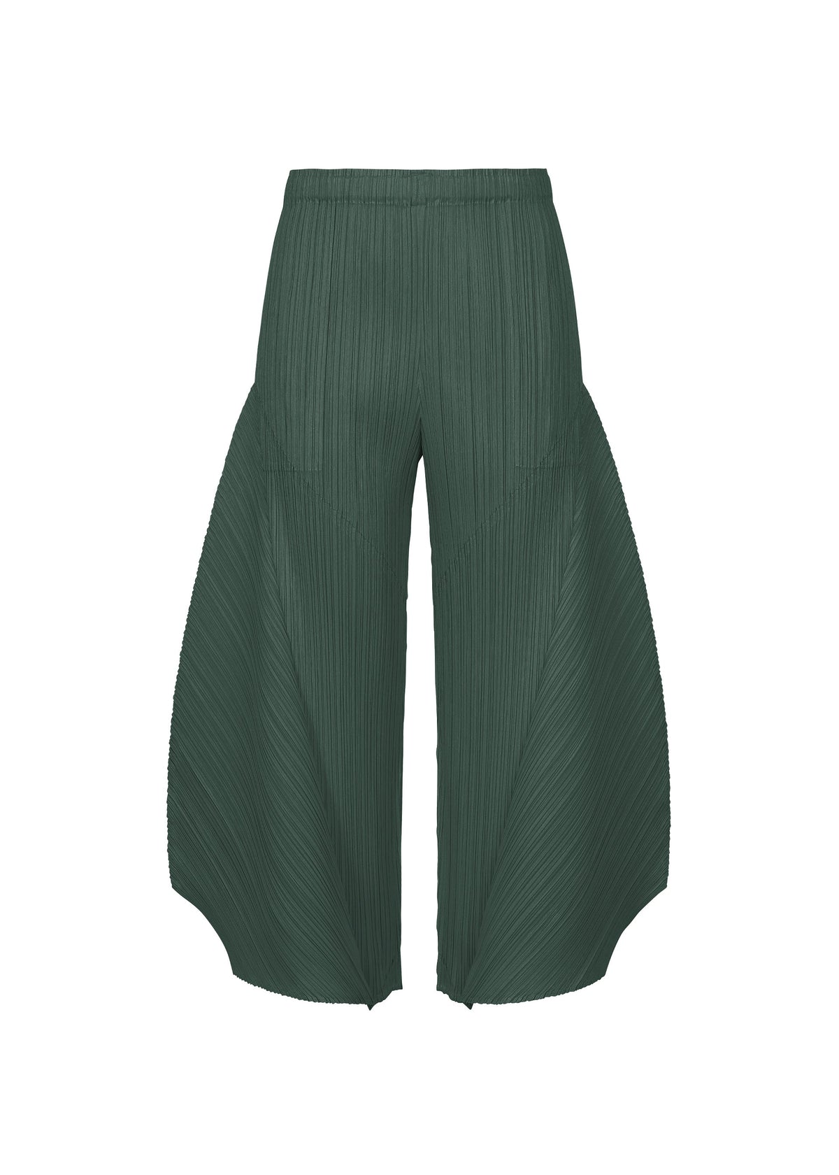 MONTHLY COLORS : OCTOBER by PLEATS PLEASE ISSEY MIYAKE—dark green pleated flared pants with a sculptural curved silhouette and high waist, shown on a white background. view 5 of 11
