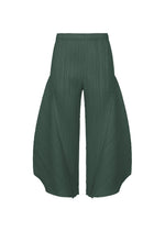 MONTHLY COLORS : OCTOBER by PLEATS PLEASE ISSEY MIYAKE—dark green pleated flared pants with a sculptural curved silhouette and high waist, shown on a white background. - DARK GREEN （no.69）