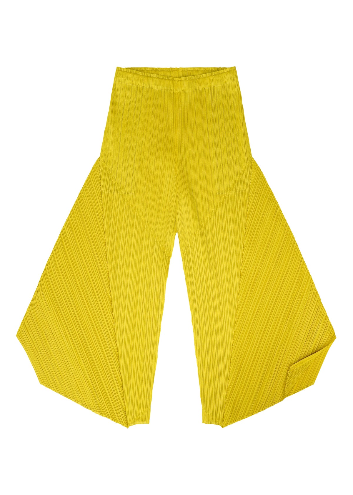 The PLEATS PLEASE ISSEY MIYAKE MONTHLY COLORS : OCTOBER pants are wide-legged, high-waisted, with bright yellow color blocks and geometric shapes, shown laid flat on a white background. view 7 of 11