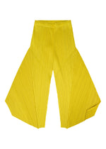 The PLEATS PLEASE ISSEY MIYAKE MONTHLY COLORS : OCTOBER pants are wide-legged, high-waisted, with bright yellow color blocks and geometric shapes, shown laid flat on a white background.