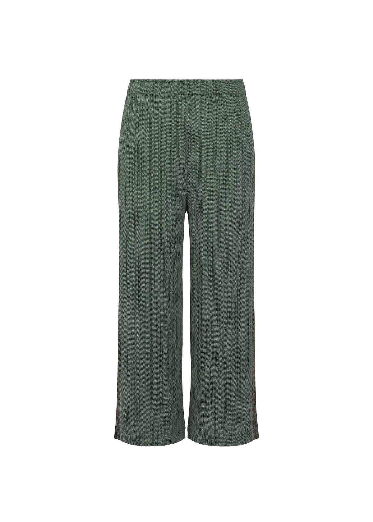 Zoomed view COTTON DENIM by PLEATS PLEASE ISSEY MIYAKE: green, wide-leg cotton ribbed pants with an elastic waistband, full length, and vertical stripes for a denim-like effect, shown on a plain white background. - DARK GREEN （no.69）