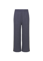 COTTON DENIM by PLEATS PLEASE ISSEY MIYAKE: Gray, wide-leg, ankle-length pants with a denim-look and vertical stripes, tailored waistband, and a sleek finish without visible pockets or fastenings. Shown on white background. - NAVY BLUE （no.76）