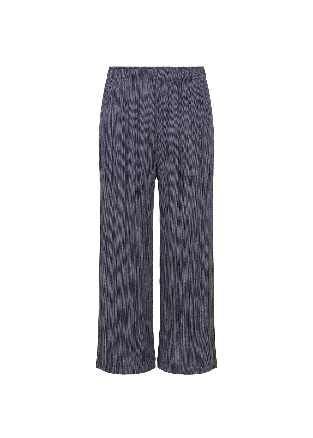 Zoomed view COTTON DENIM by PLEATS PLEASE ISSEY MIYAKE: Gray, wide-leg, ankle-length pants with a denim-look and vertical stripes, tailored waistband, and a sleek finish without visible pockets or fastenings. Shown on white background. - NAVY BLUE （no.76）