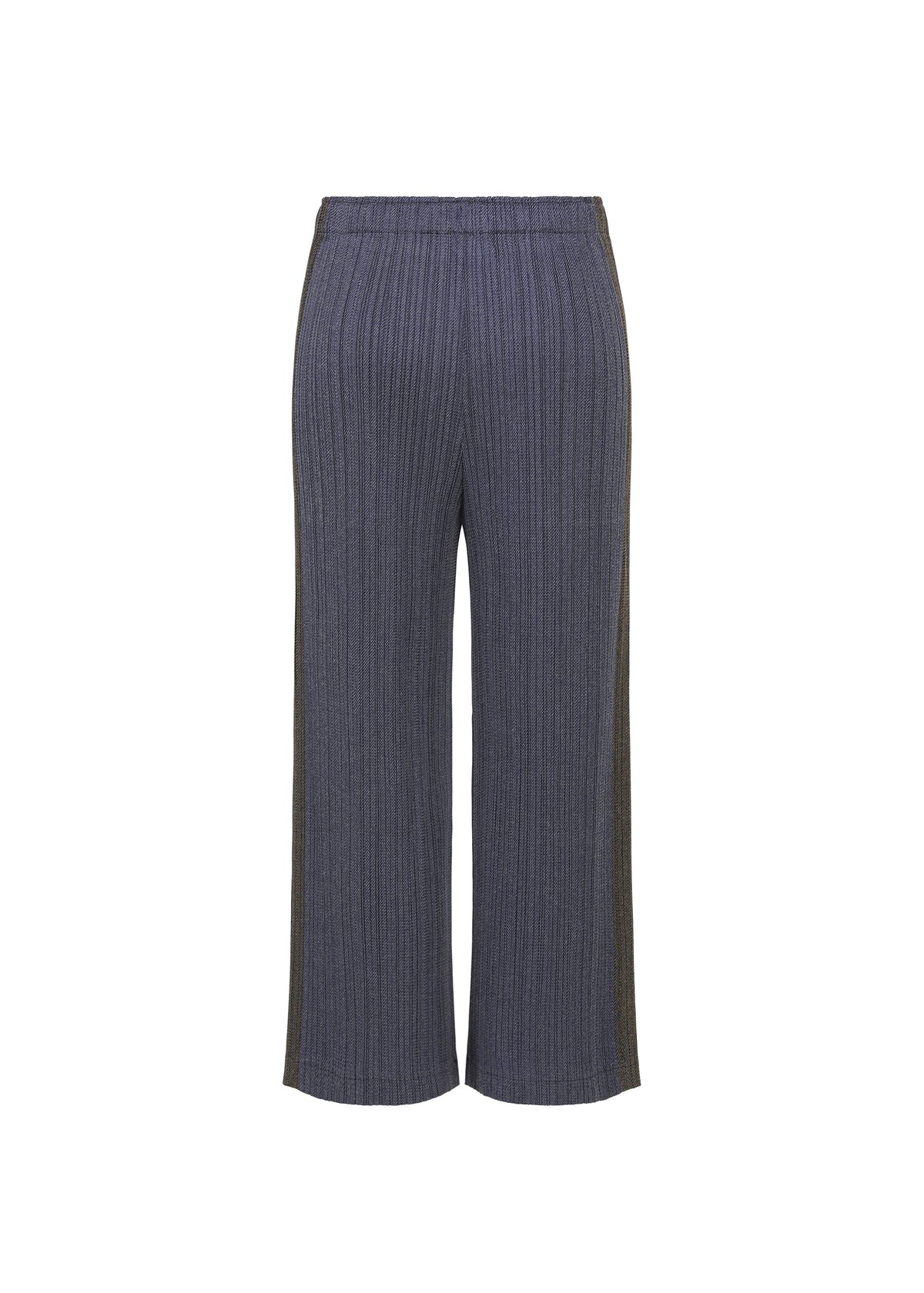 Zoomed view COTTON DENIM by PLEATS PLEASE ISSEY MIYAKE: Wide-leg, ankle-length dark gray cotton pants with a denim-like look, vertical ribbed texture, elastic waistband, and no visible pockets or fastenings. Displayed on white background.