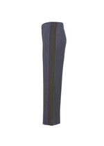 Side view of PLEATS PLEASE ISSEY MIYAKE COTTON DENIM straight pants, blue and gray with a ribbed texture and vertical dark outer stripe, shown on a white background.